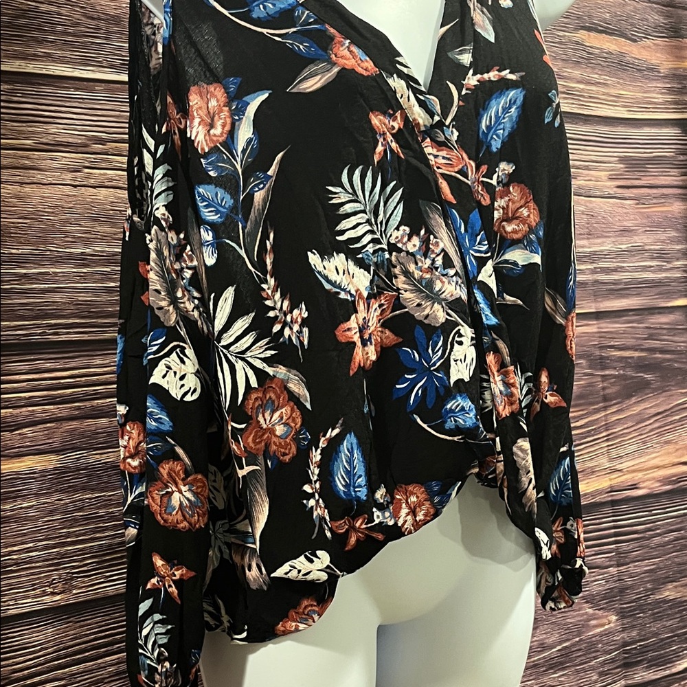 Lush Floral Wrap Blouse - Cold Shoulder Black and Blue and Pink - Picture 6 of 7
